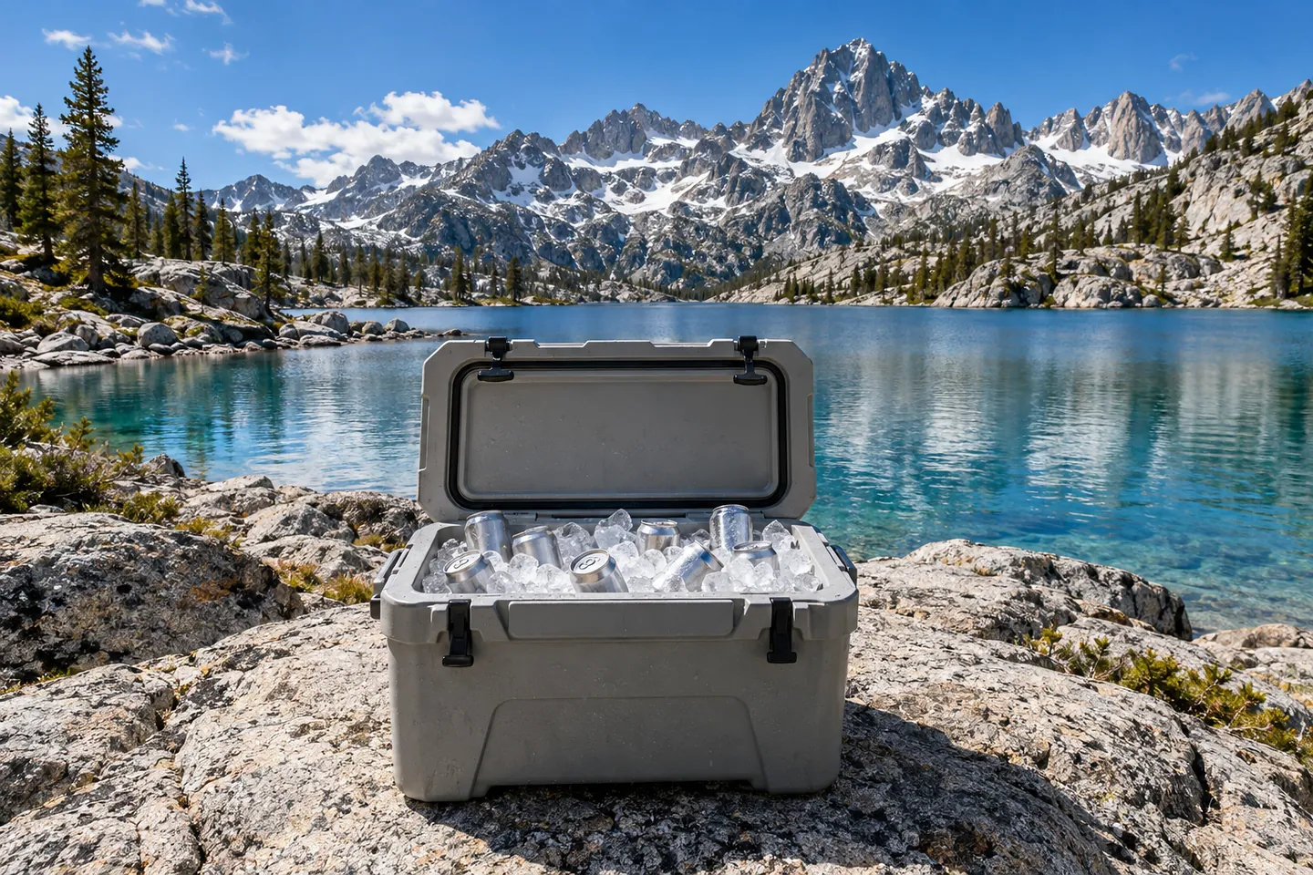 An open grey hard cooler of ice and sealed cans on a granite slab beside a turquoise alpine lake below snowy peaks