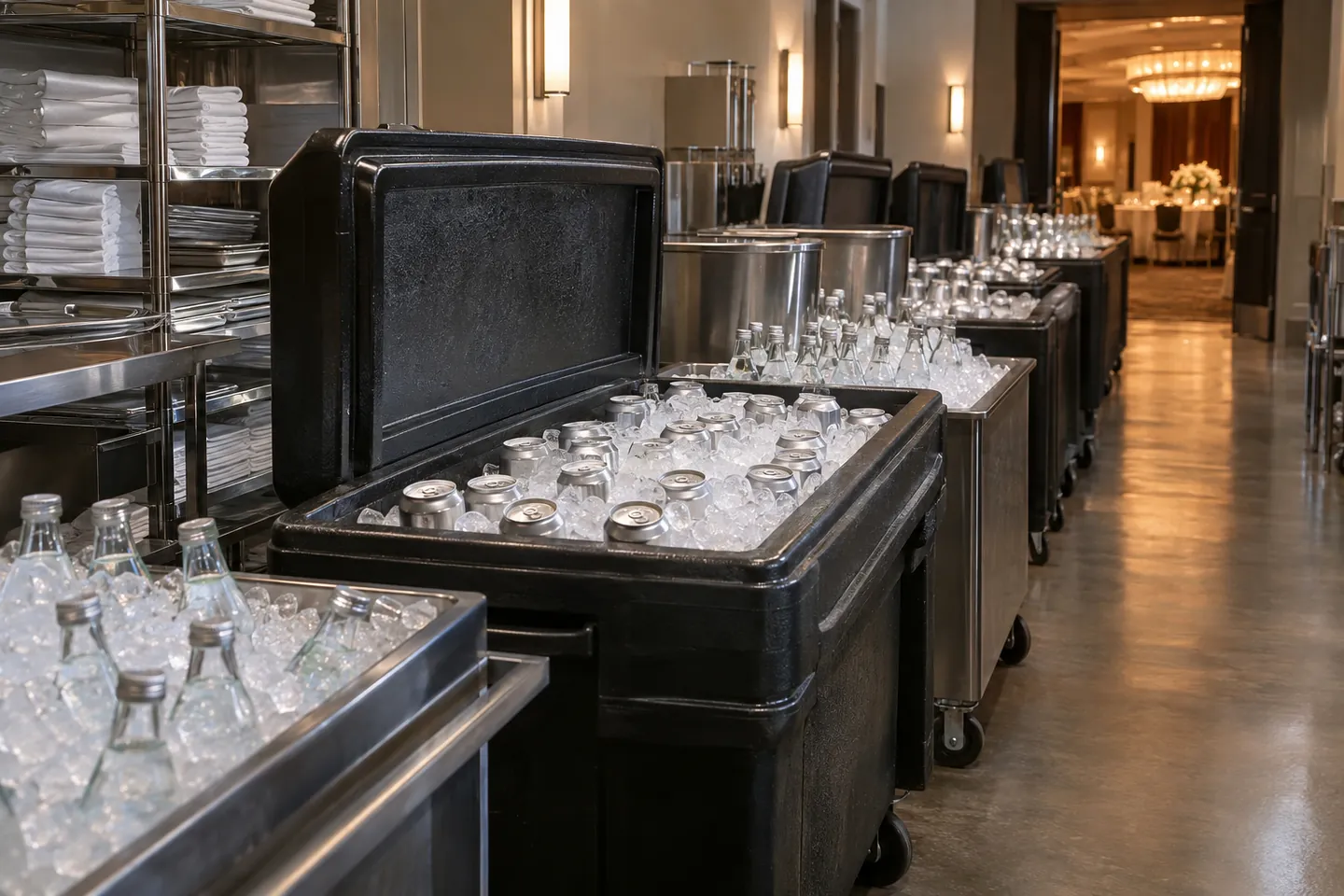 Wheeled ice bins and stainless tubs filled with ice and sealed drinks in a hotel banquet corridor