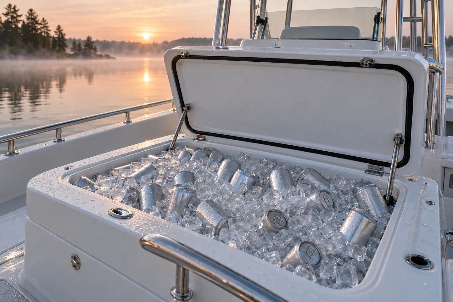 An open boat deck ice box filled with ice and sealed cans on a calm lake at sunrise