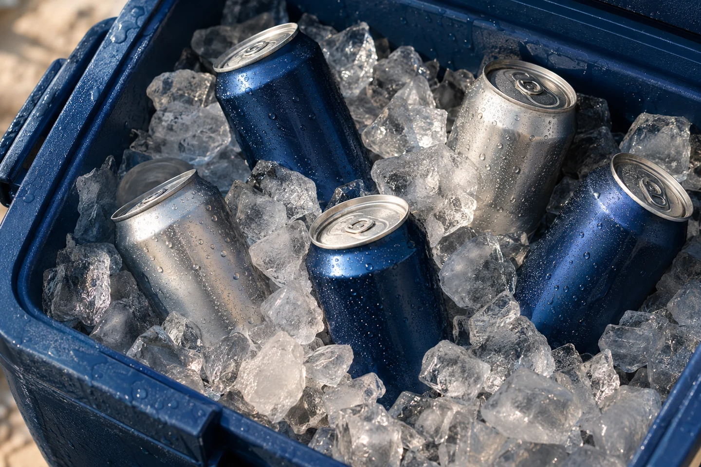 Closed navy and silver cans nestled in clear ice inside a blue cooler
