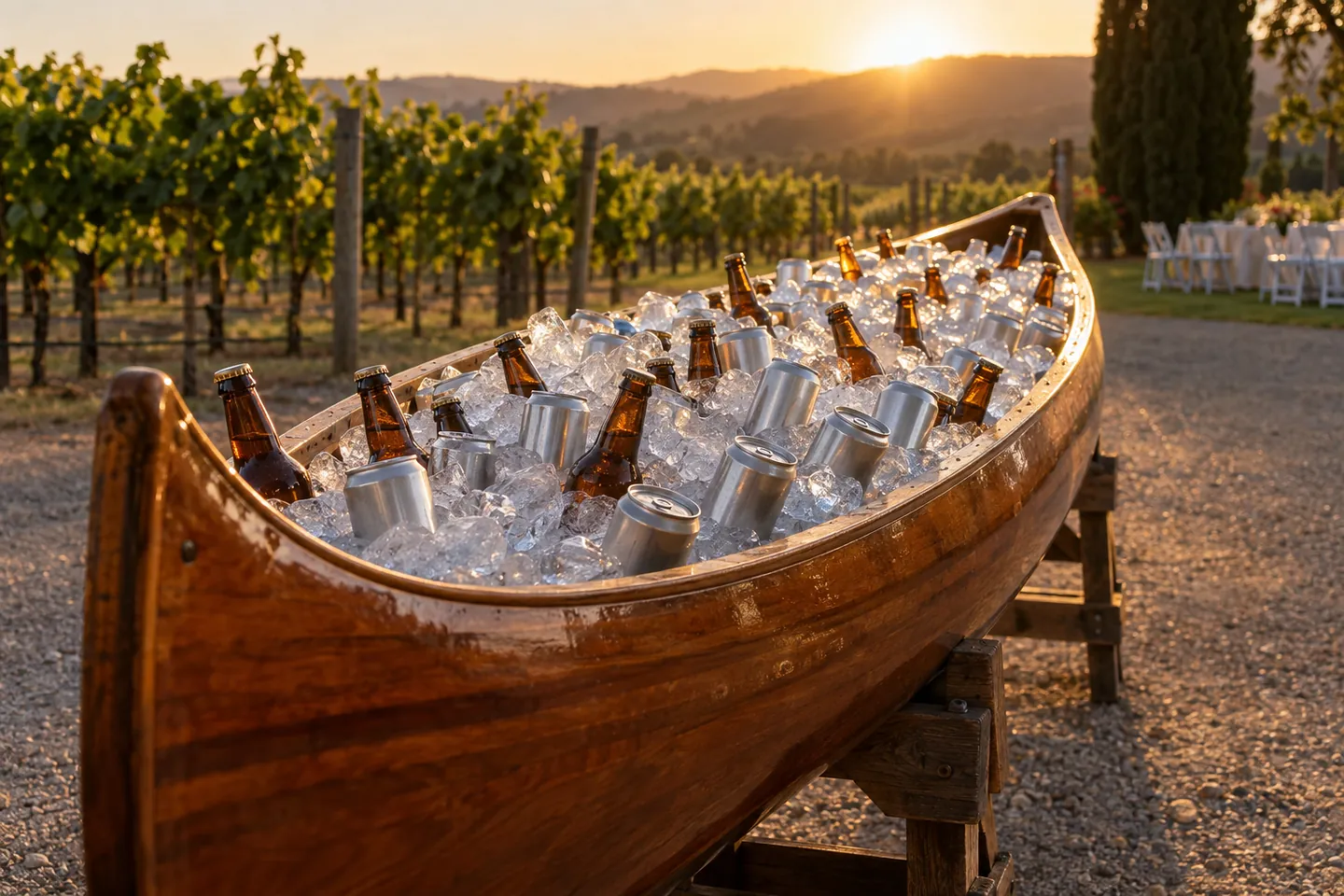 A wooden canoe on trestles filled with ice, sealed cans and capped amber bottles at a vineyard reception