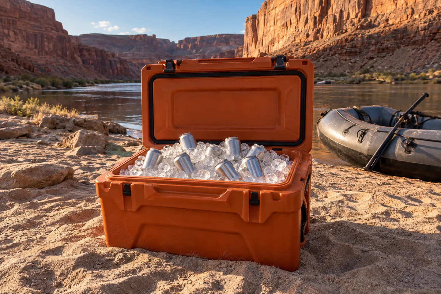 An open orange cooler of ice and sealed cans on a river sandbar beside a raft in a red-rock canyon