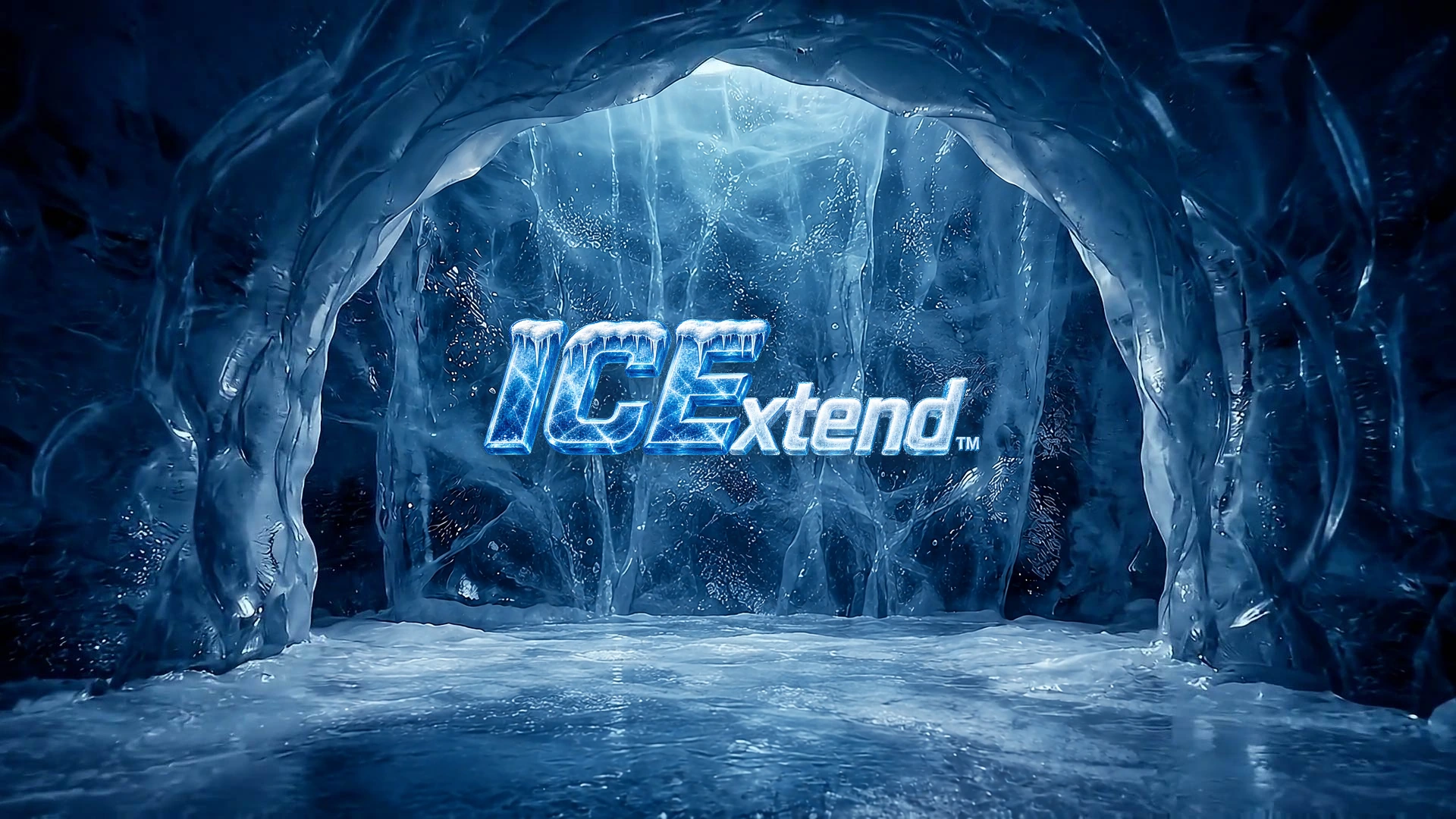 ICExtend in sculpted ice, centered inside a blue glacial cave