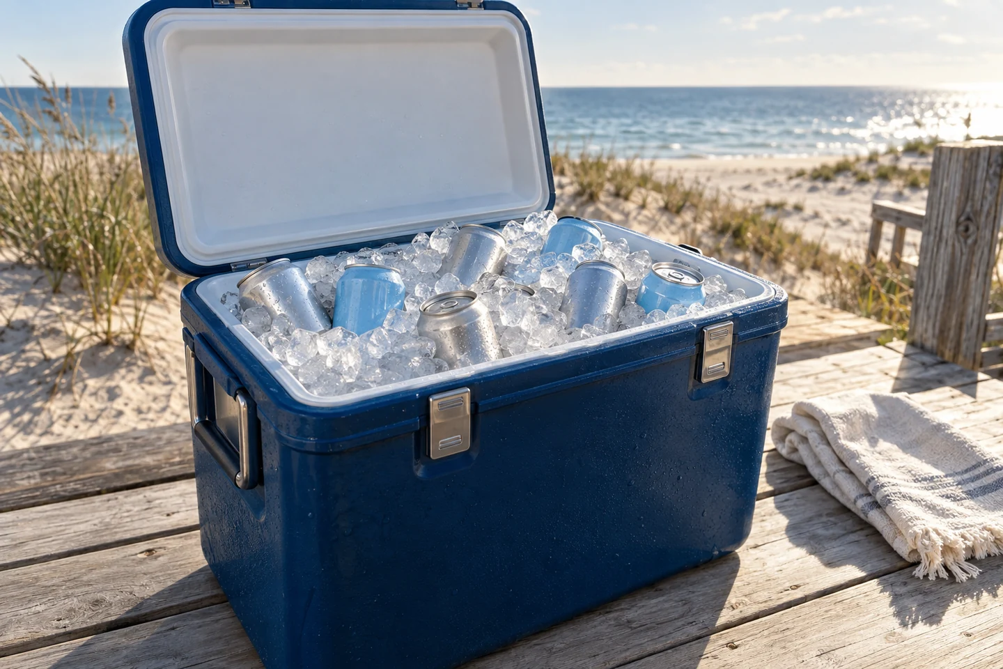 An open navy cooler with ice and closed cans on a wooden deck beside the beach