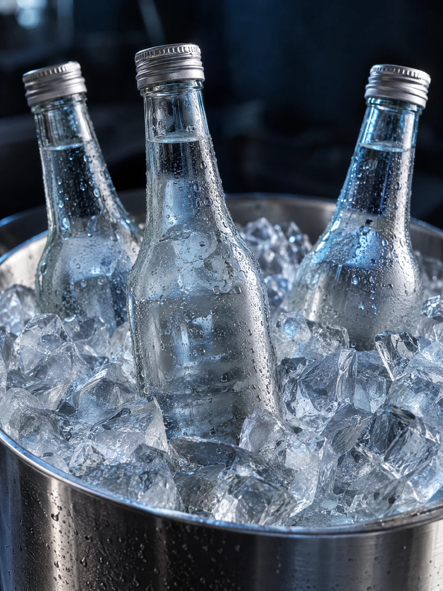 A stainless-steel ice bucket holding condensation-covered sealed glass bottles