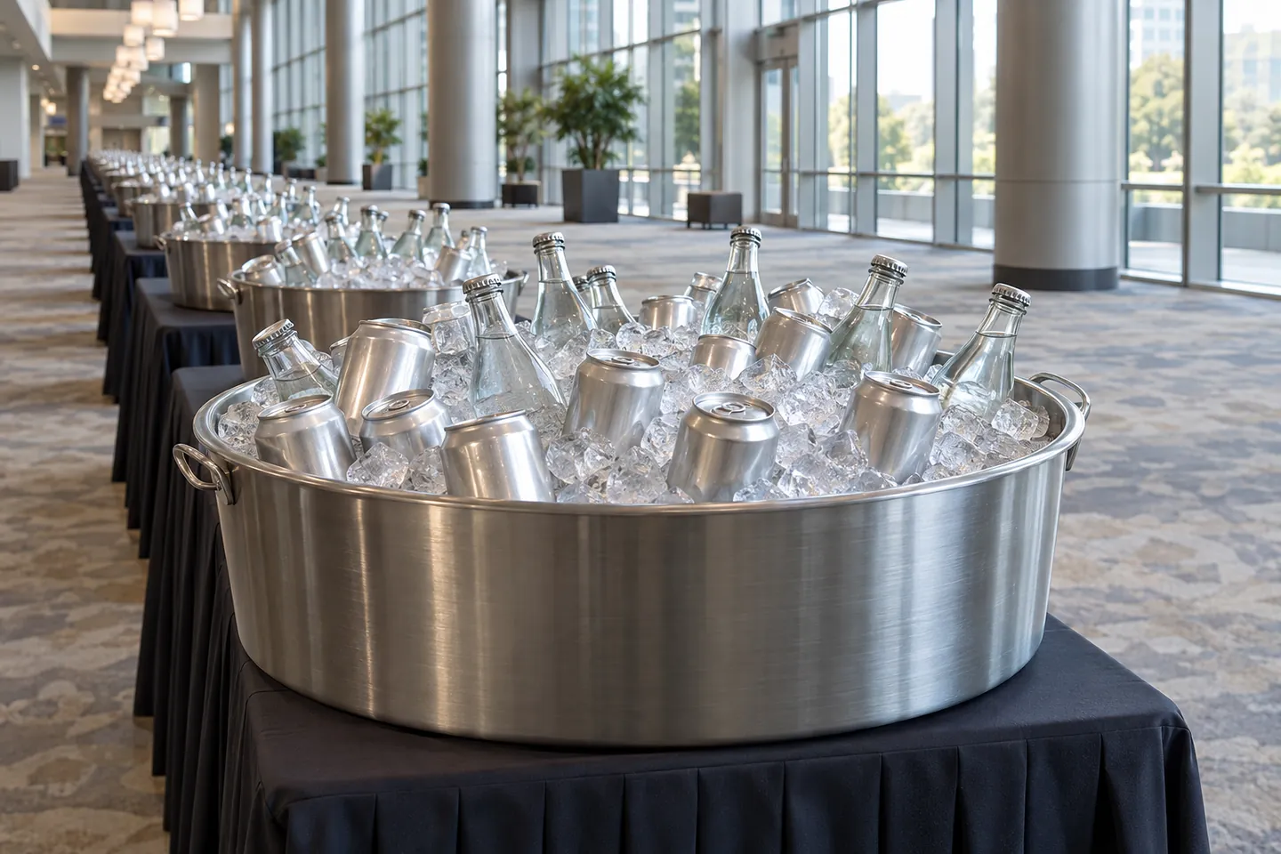 A row of stainless ice tubs filled with sealed cans and capped bottles on draped tables in a convention foyer