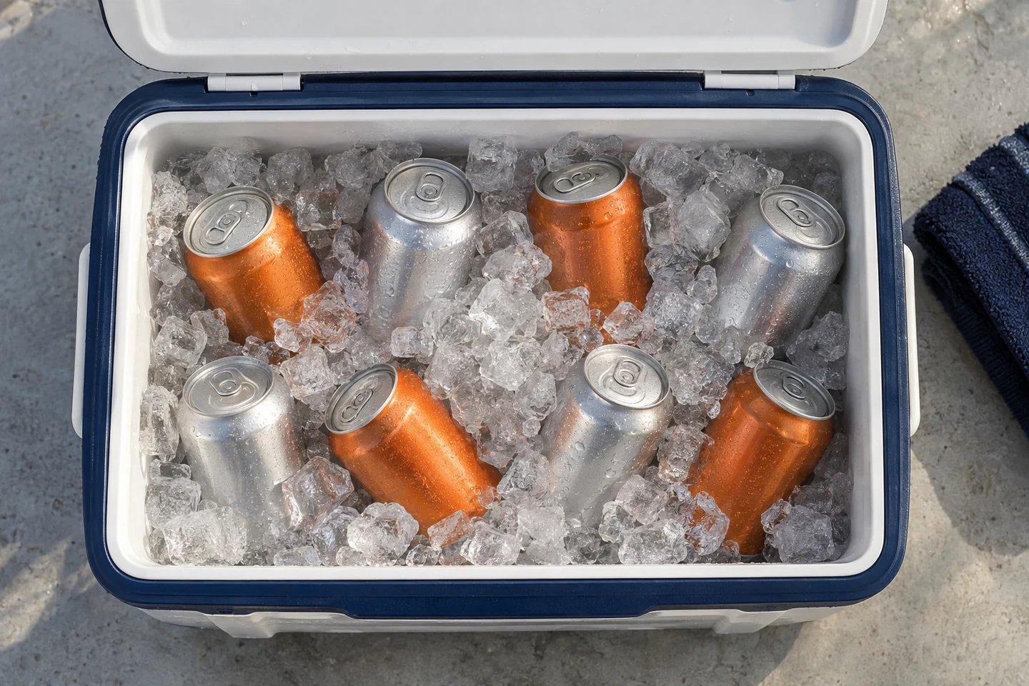 An overhead view of orange and silver closed cans packed in ice inside a navy cooler