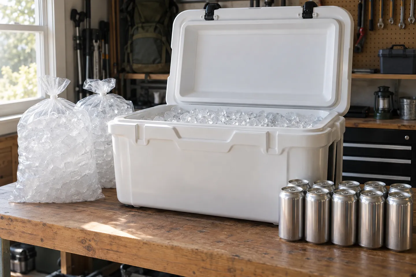 An open white cooler half filled with ice beside bags of ice and a row of sealed cans on a garage workbench
