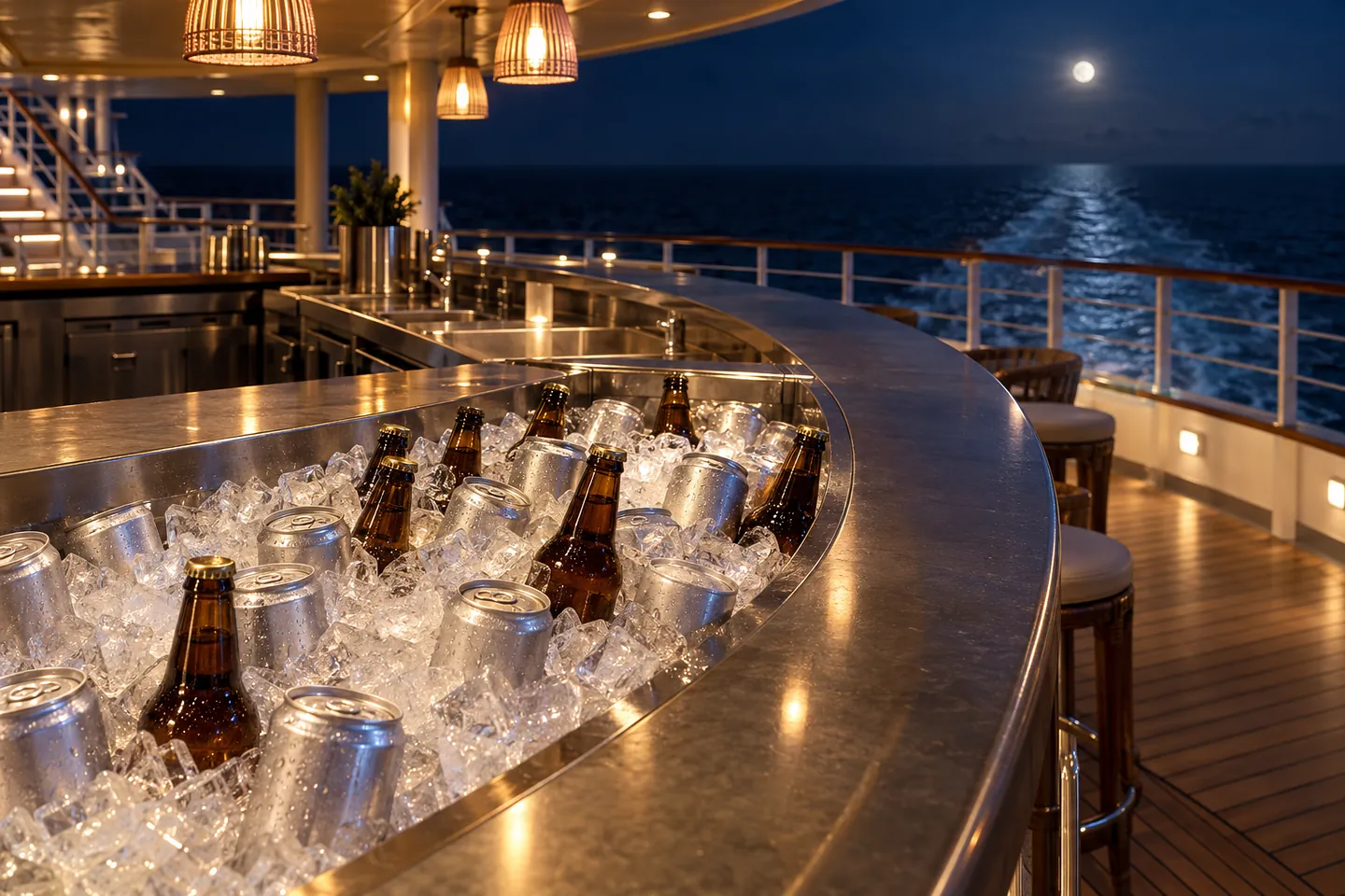 A curved aft-deck bar with an ice well of sealed cans and amber bottles on a cruise ship at night