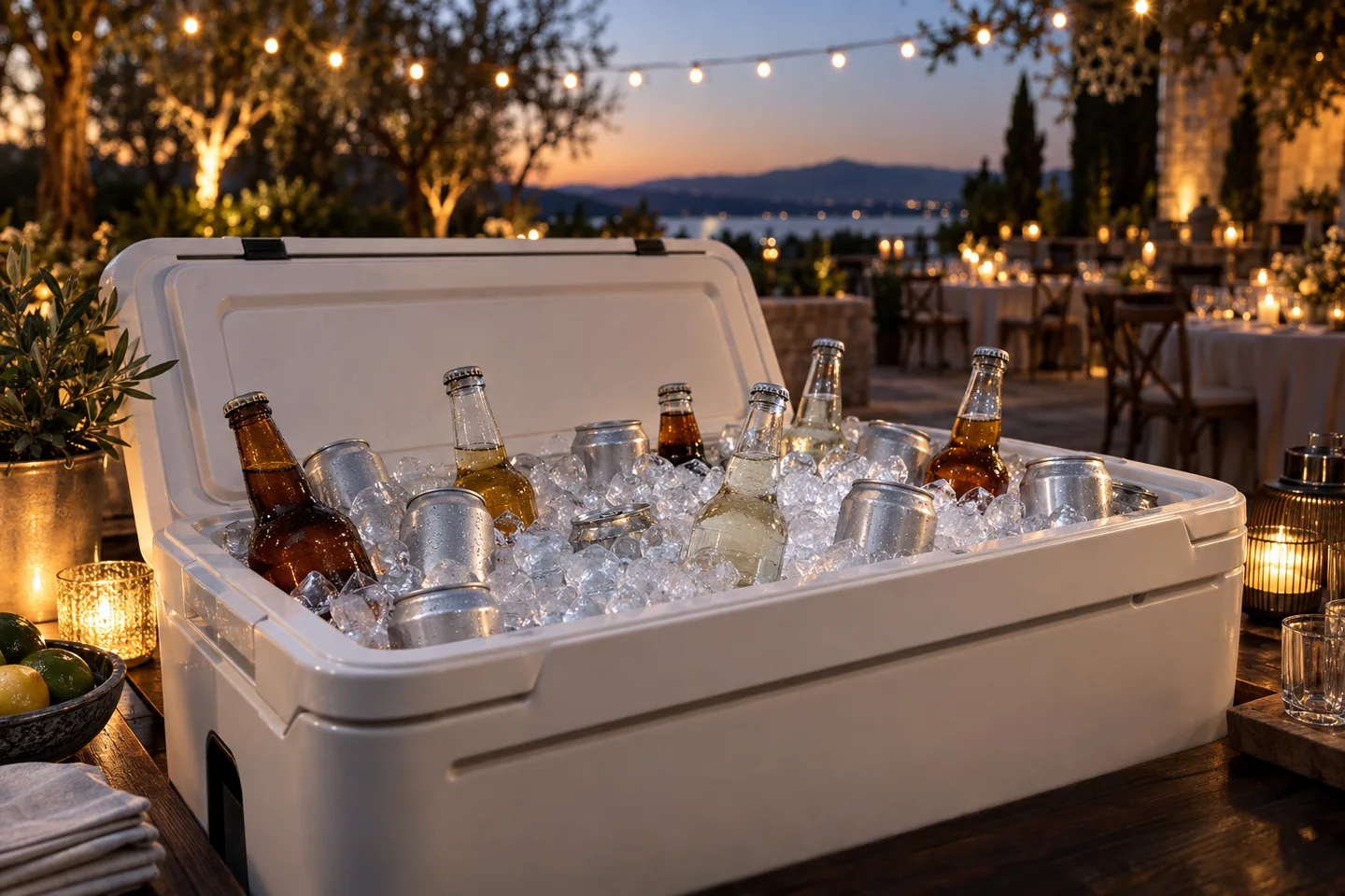An open ivory cooler filled with ice and capped bottles at an evening garden event