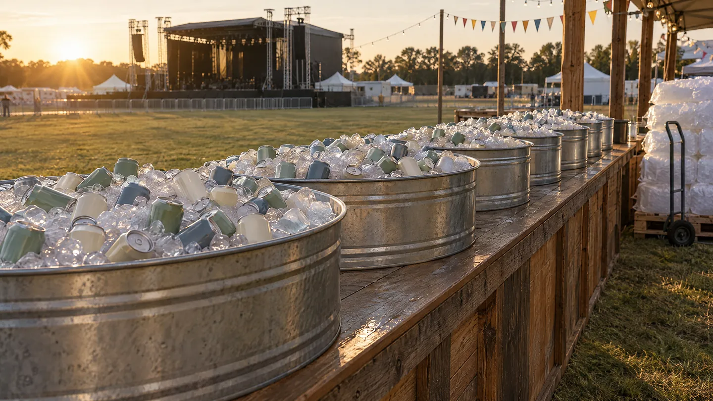 A row of galvanized stock tanks brimming with ice and sealed cans along a timber bar at an outdoor festival at golden hour