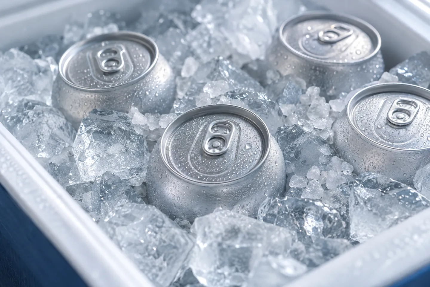 Frosted tops of sealed aluminum cans in clear ice with a light scatter of mineral granules