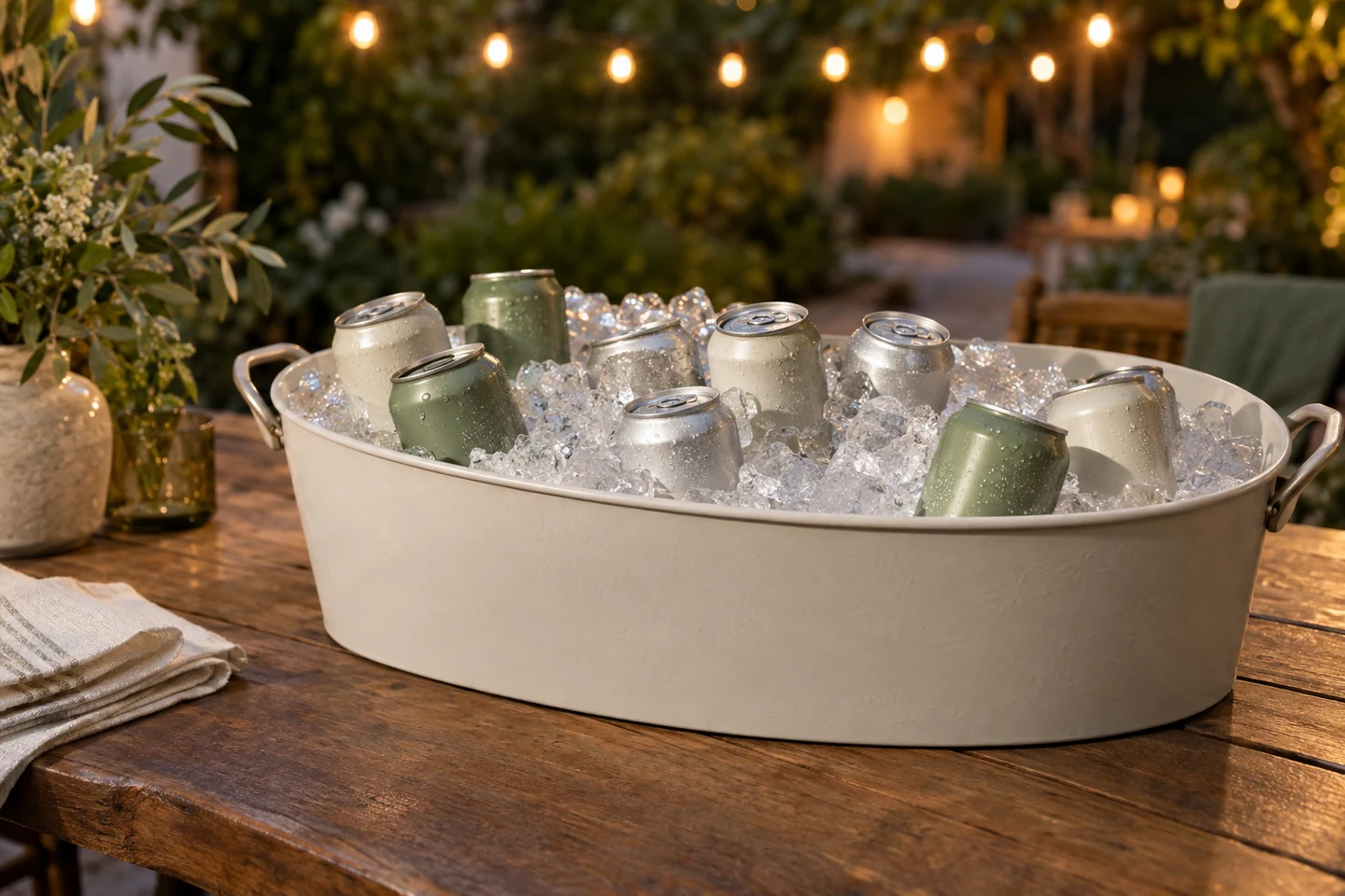 Closed green and cream cans in an oval ice tub on a garden table under string lights
