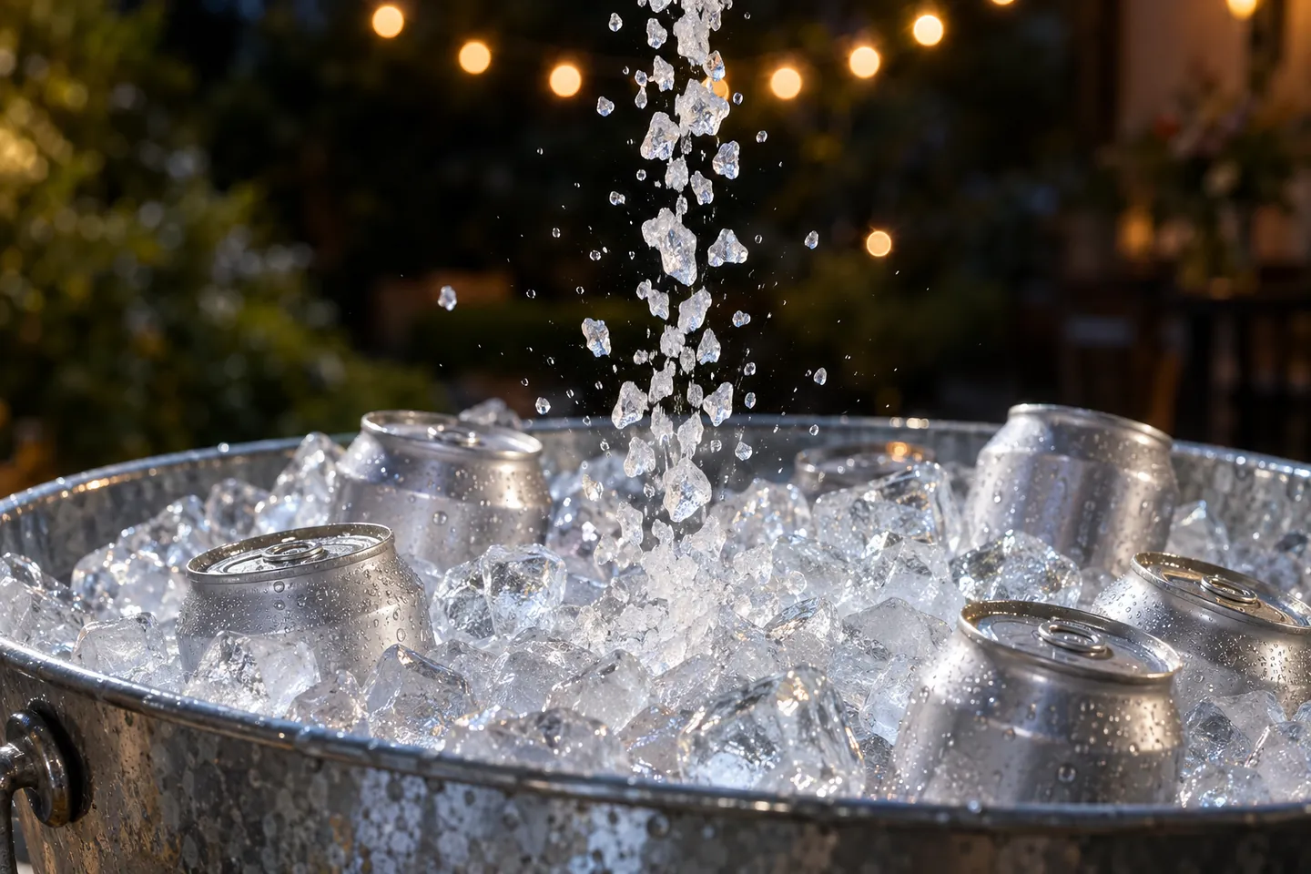 Whitish-clear mineral granules falling onto ice and sealed cans in a galvanized tub at an evening garden party