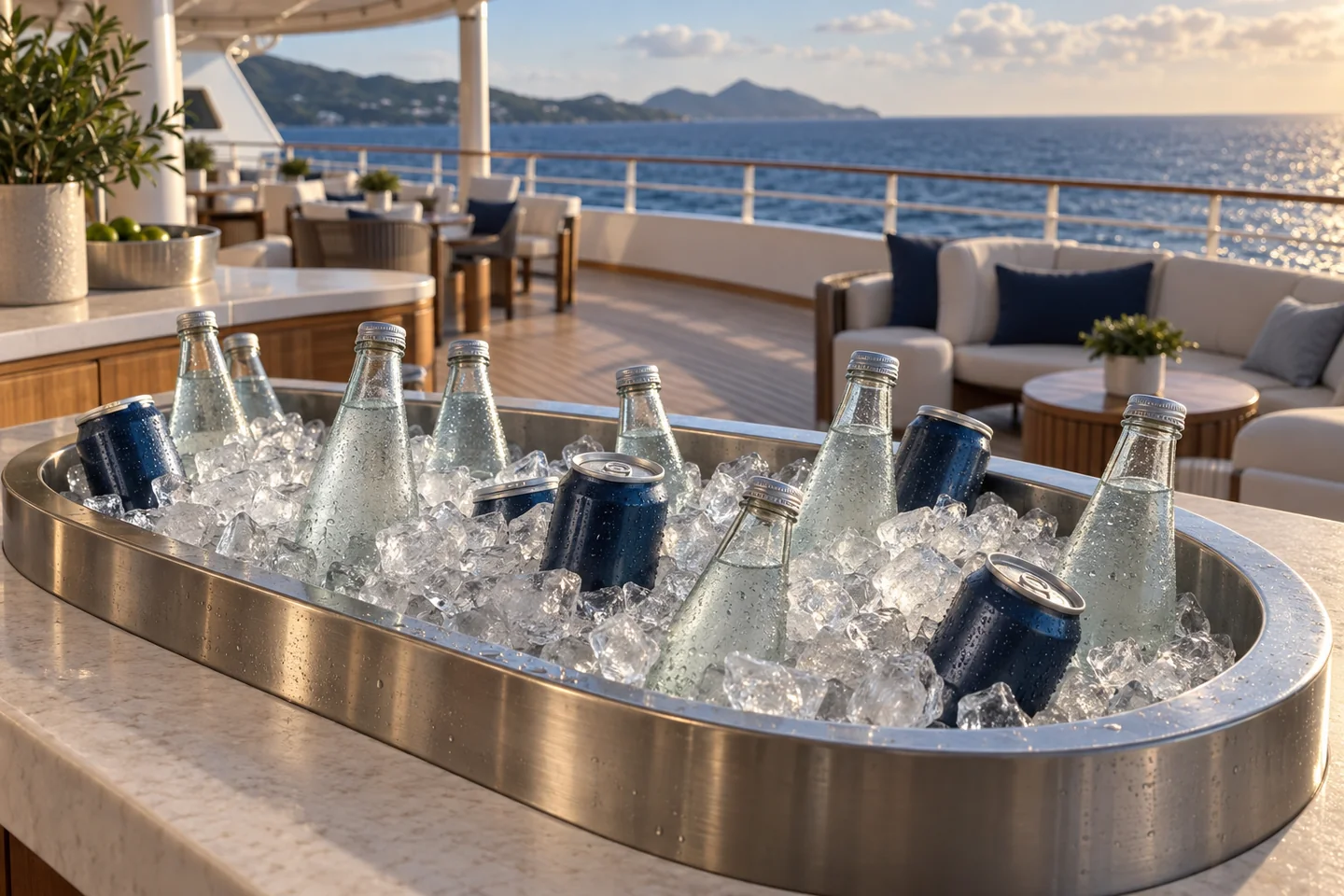 An ice-filled stainless-steel beverage trough with sealed bottles and navy cans on a sunlit cruise deck