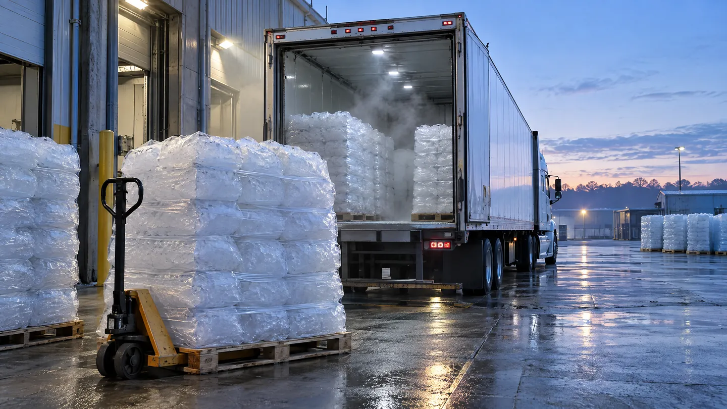 Shrink-wrapped pallets of bagged ice beside a pallet jack at a loading dock, with an open refrigerated truck behind