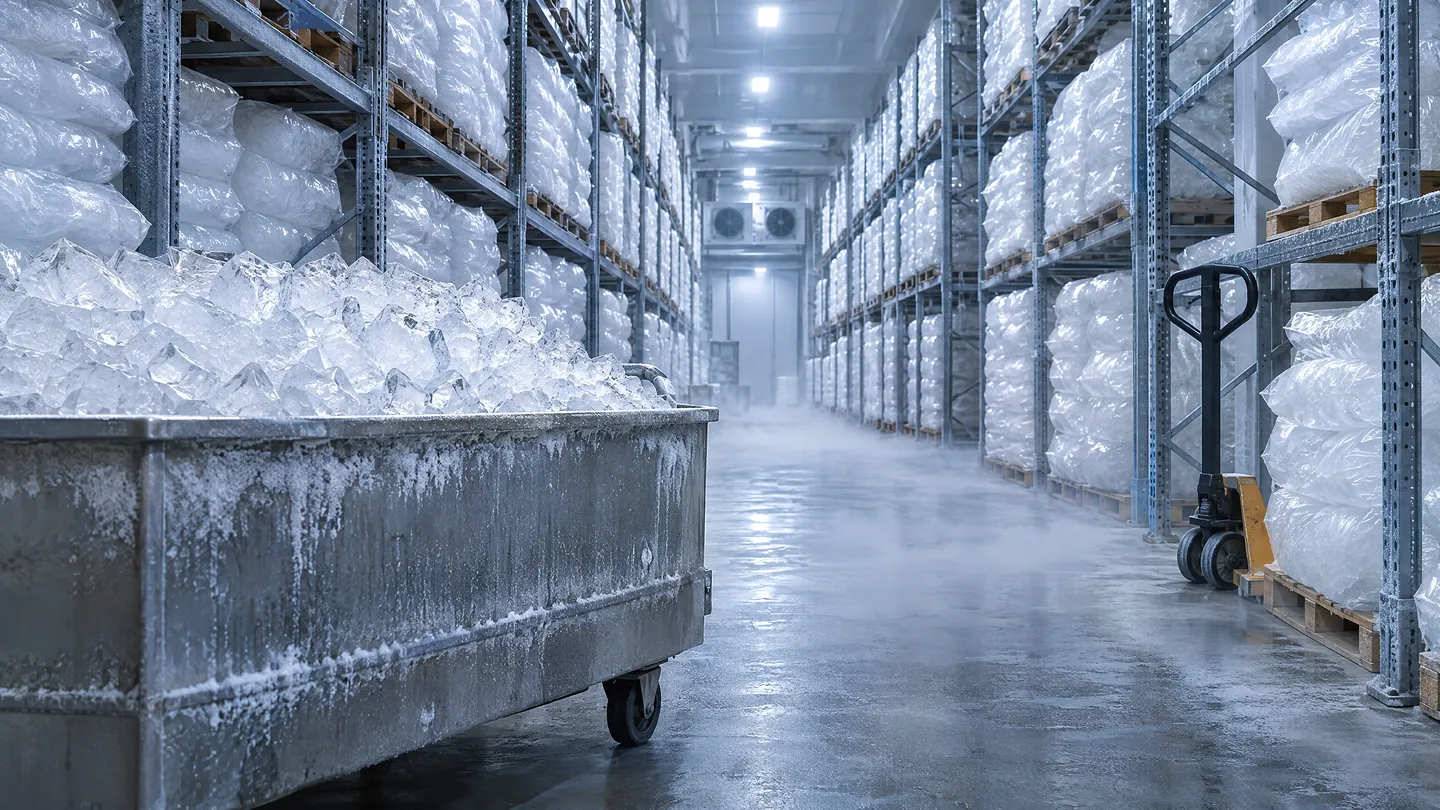 Pallets of bagged ice stacked high along a frosted cold-storage aisle beside a bulk ice cart