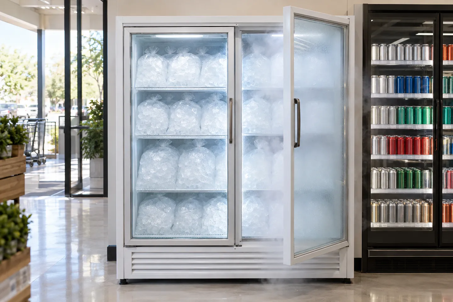 An ice merchandiser freezer stocked with bagged ice beside a beverage cooler at the front of a grocery store