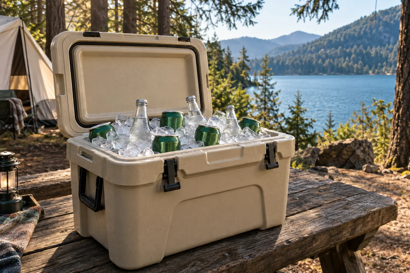 An open sand-colored cooler with ice and sealed drinks at a wooded lakeside campsite