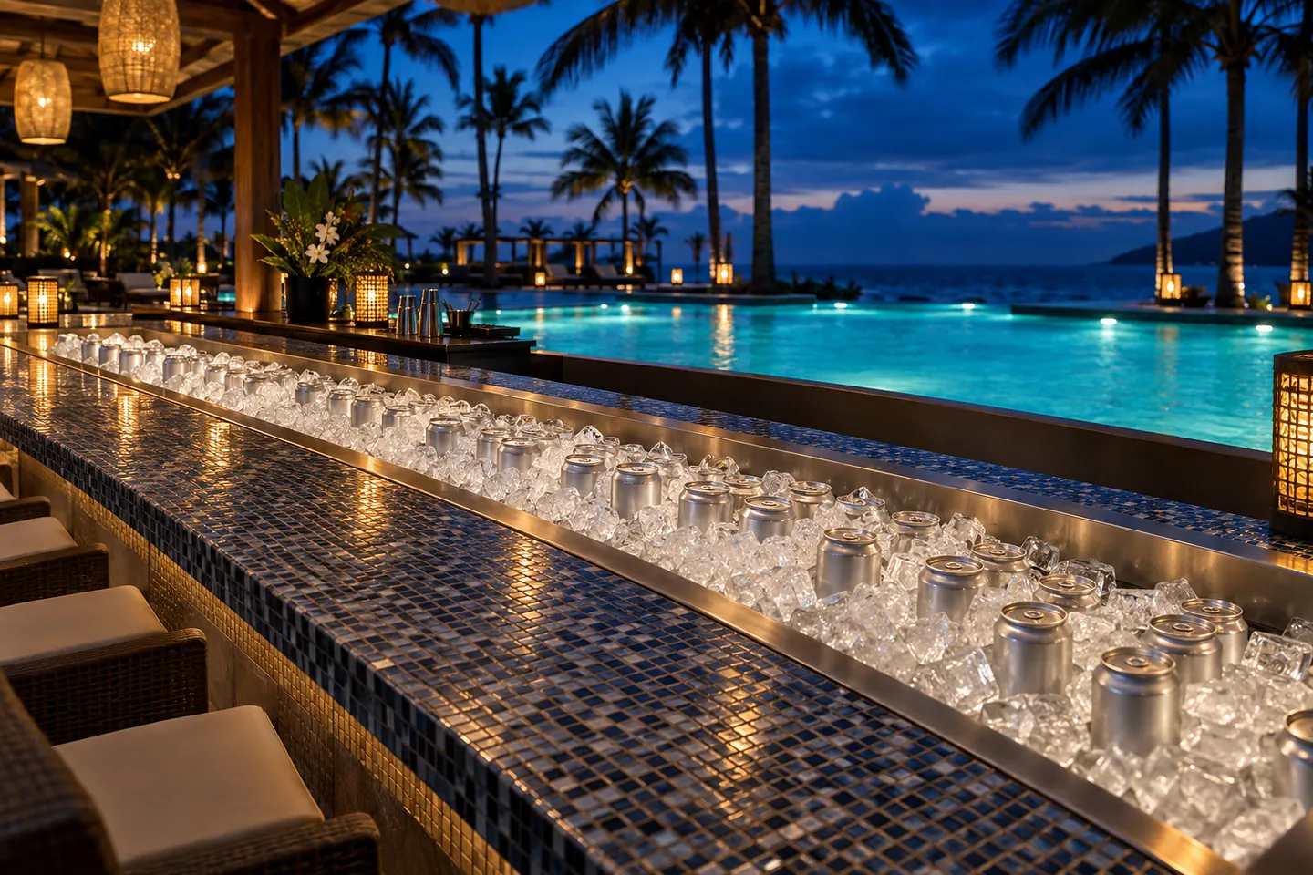 A long mosaic-tiled pool bar with a built-in ice well of sealed cans beside a lit resort pool at dusk