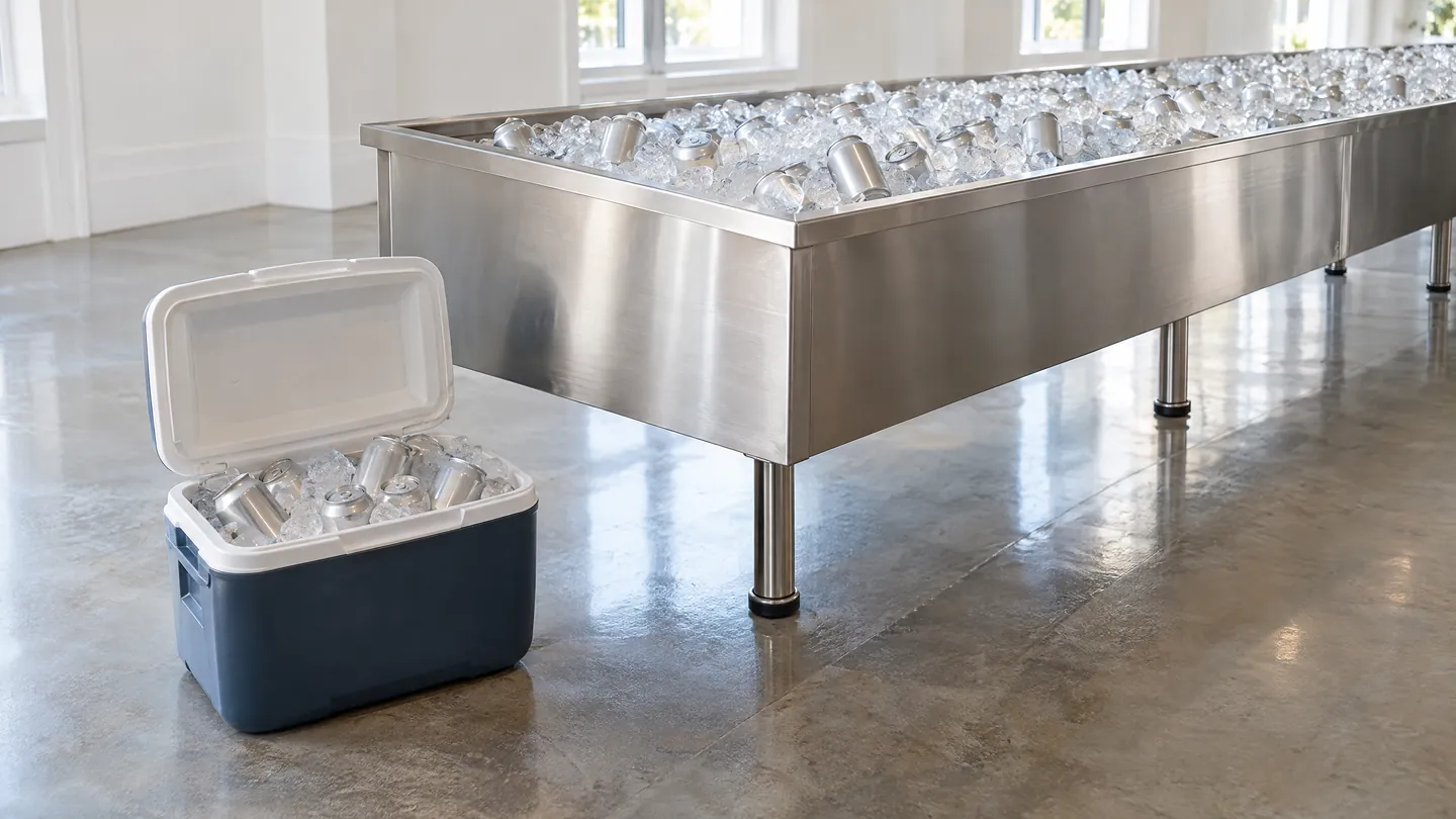 A small open cooler of ice and cans on the floor in front of a long stainless ice trough in a bright event hall