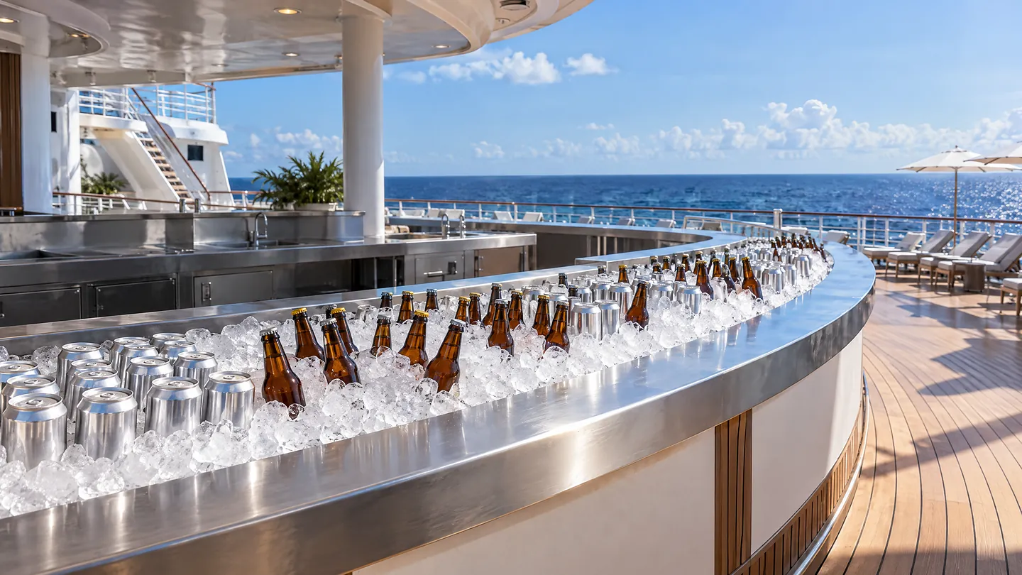 A long curved stainless ice display packed with sealed cans and capped amber bottles on a sunny cruise ship pool deck
