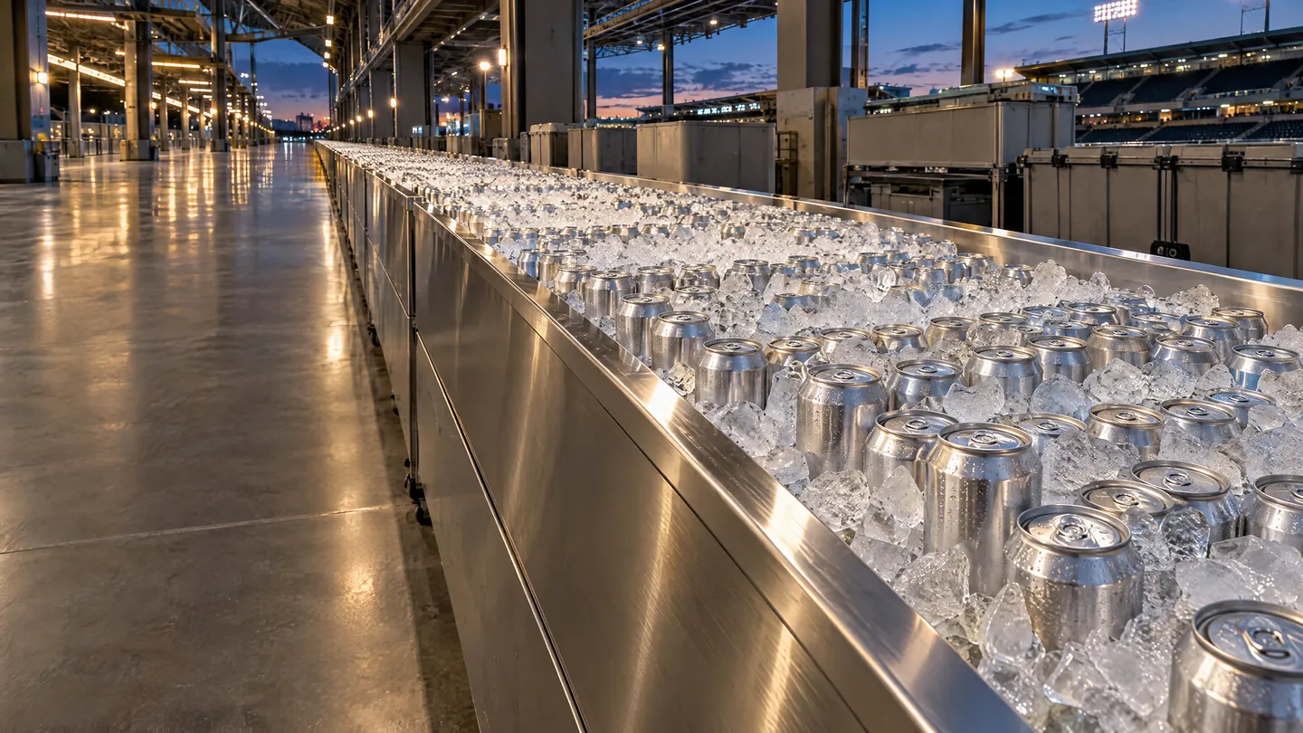 A long stainless-steel ice trough packed with sealed cans along an empty stadium concourse at dusk