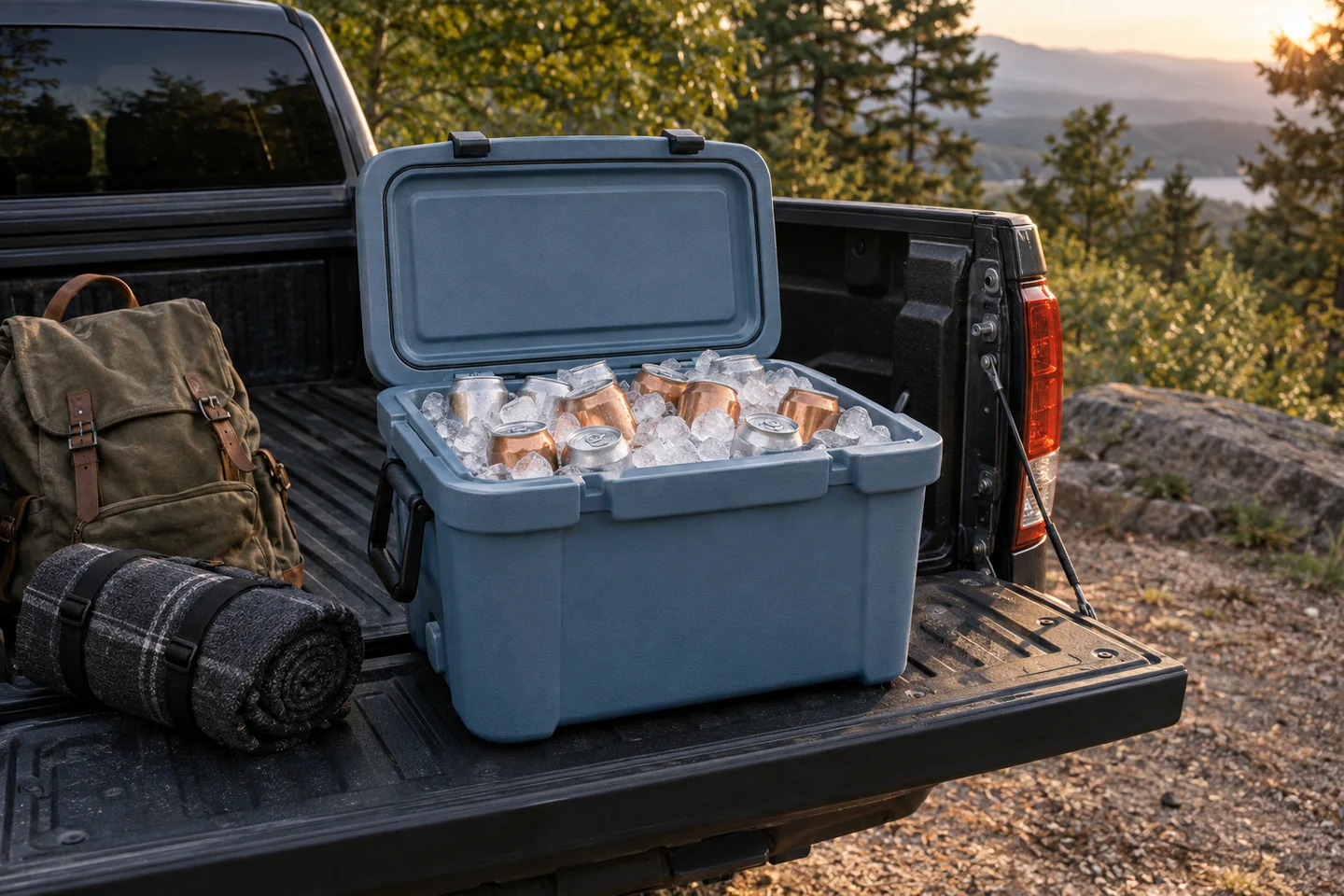 An open blue cooler filled with ice and closed cans on a truck tailgate