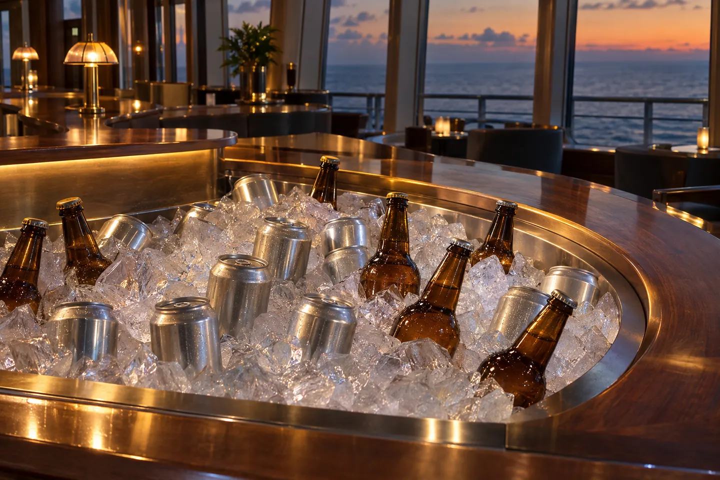 A curved teak bar with a built-in ice well of sealed cans and capped amber bottles in a cruise ship lounge at dusk
