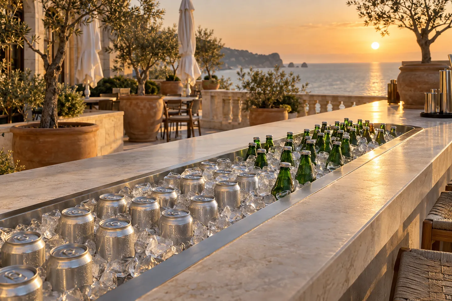 A limestone terrace bar with a recessed ice well of sealed cans and green glass bottles above the sea at sunset