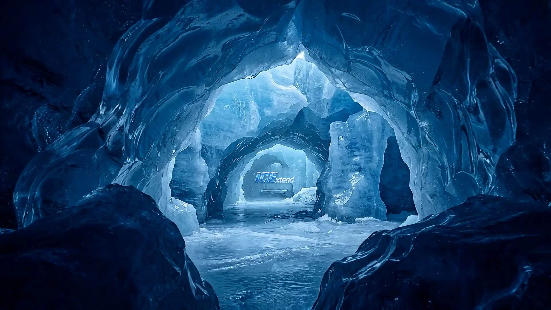 ICExtend sculpted in ice, deep inside a blue glacial cave